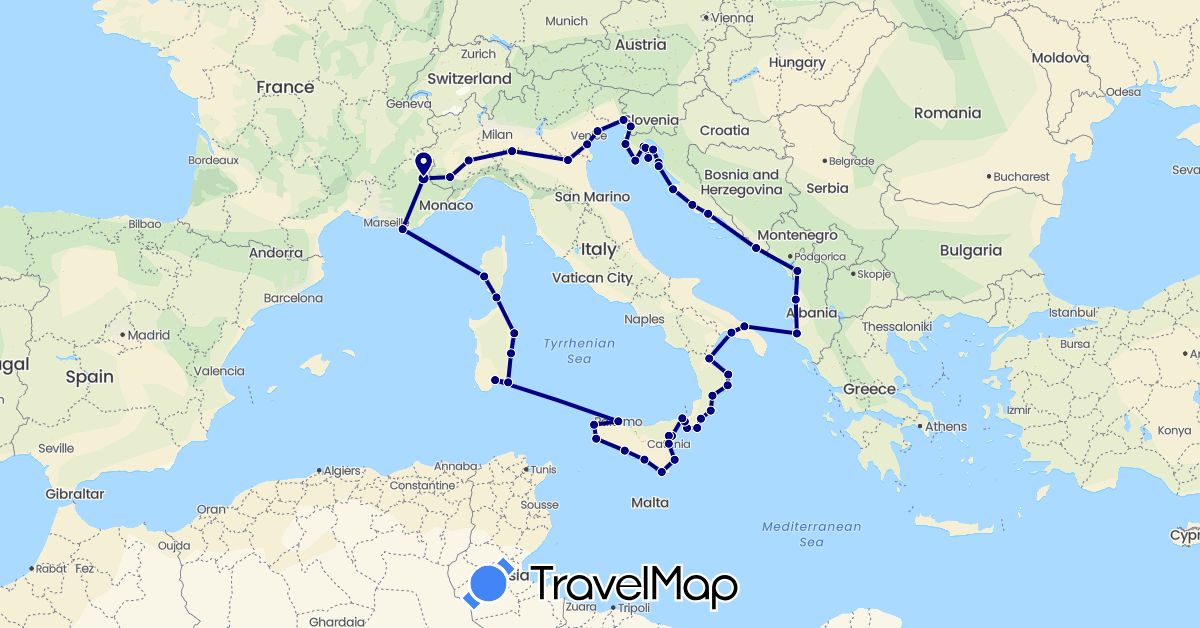 TravelMap itinerary: driving in Albania, France, Croatia, Italy (Europe)