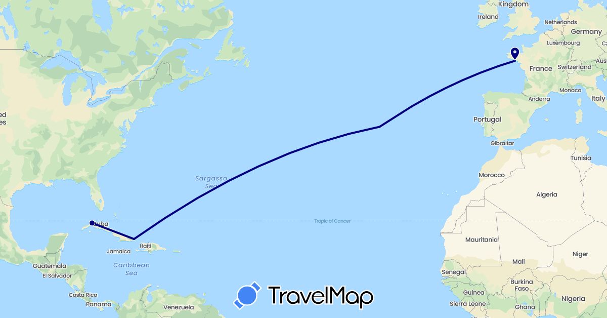 TravelMap itinerary: driving in Cuba, France, Portugal (Europe, North America)